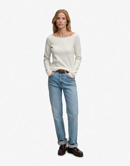 Superdry top Bardot à épaules dénudées en blanc cassé à pois, 4 de 5