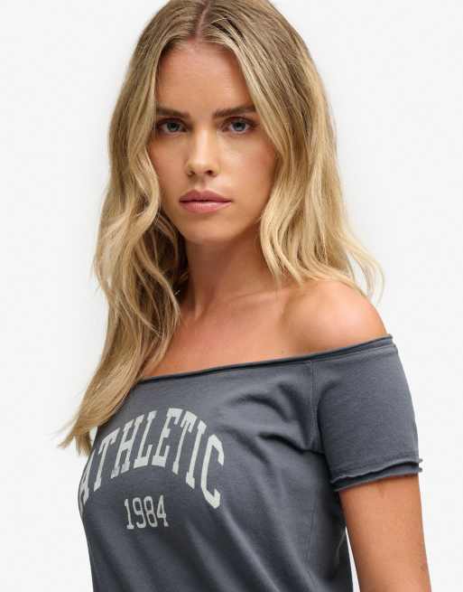 Superdry top bardot à manches courtes graphique bleu marine encre foncée, 3 de 6