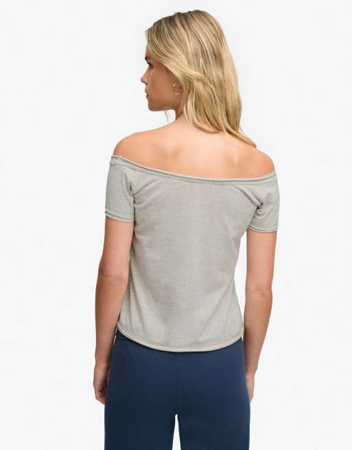 Superdry top bardot à manches courtes graphique en gris chiné, 2 de 6