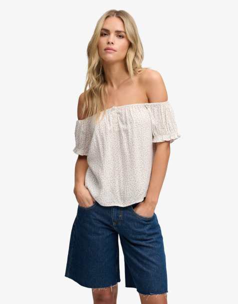 Superdry - Top boutonné à manches courtes en tissu avec petites roses - Blanc cassé - view 1