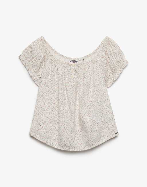 Superdry - Top boutonné à manches courtes en tissu avec petites roses - Blanc cassé, 6 de 6