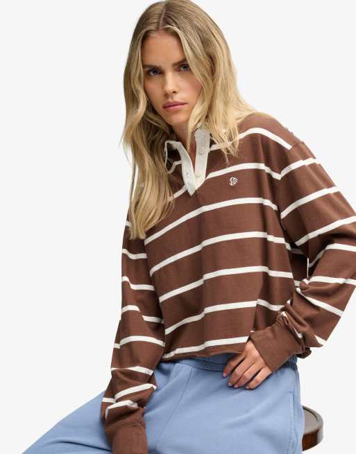 Superdry top de rugby court à rayures Athletic Essential en marron châtaigne et rayures écru, 4 de 5