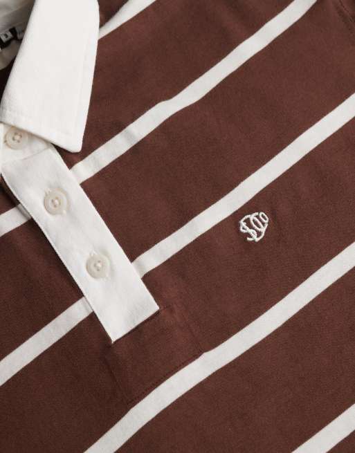 Superdry top de rugby court à rayures Athletic Essential en marron châtaigne et rayures écru, 5 de 5