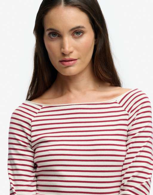 Superdry - Top rayé à épaules dénudées et encolure Bardot - Rouge bordeaux, 3 de 5