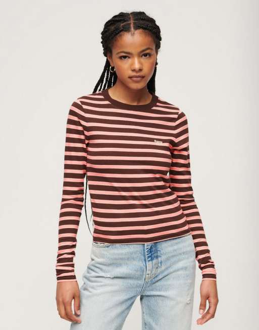 Superdry - Top rayé à manches longues - Marron chocolat foncé