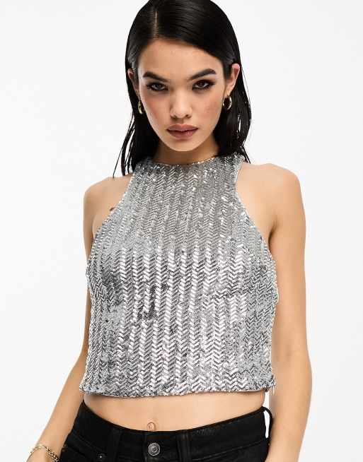 Superdry - Top sans manches orné de sequins à chevrons et col nageur - Argenté