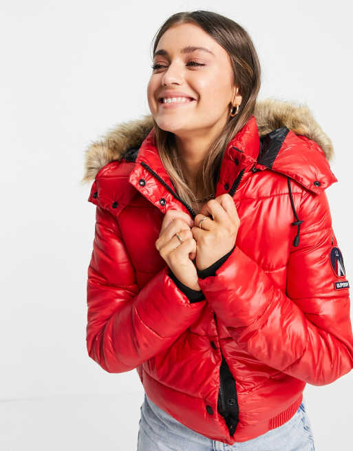 Superdry Toya high shine padded jacket with fur trim hood in red | ASOS