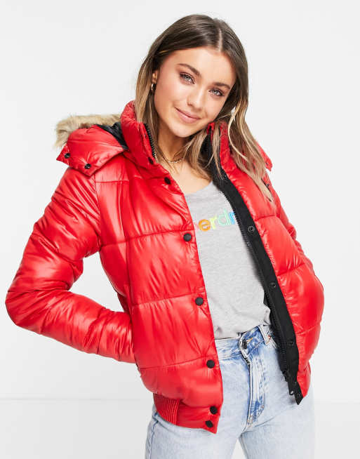 Superdry Toya high shine padded jacket with fur trim hood in red