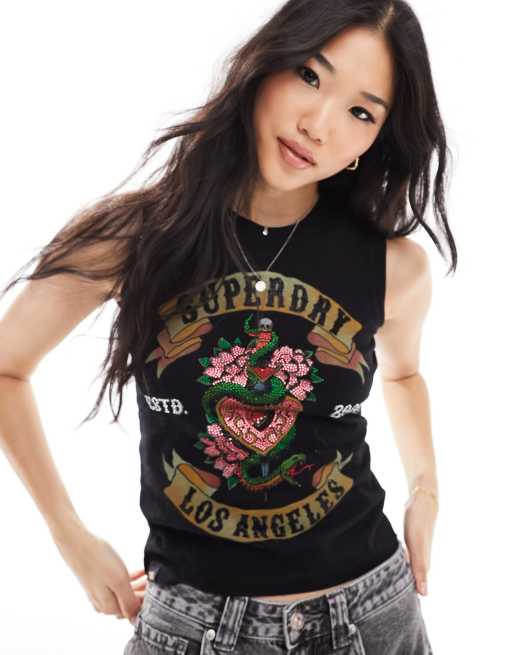 Superdry – Trägertop in Schwarz mit Tattoo-Print mit Strass