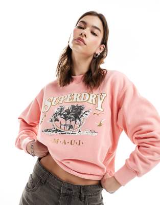 Superdry - Travel - Locker geschnittenes Sweatshirt in meliertem Pfirsichrosa mit Souvenir-Print