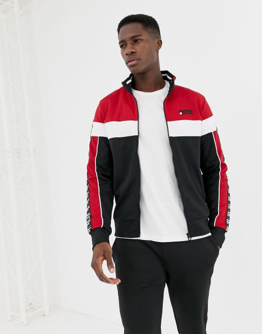 Superdry tricot paneled track jacket in black red ASOS