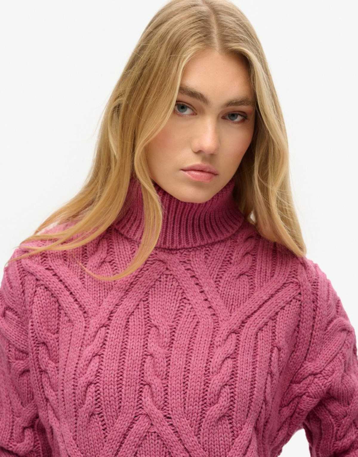 Superdry Twist cable knit polo neck jumper in papaya pink twist