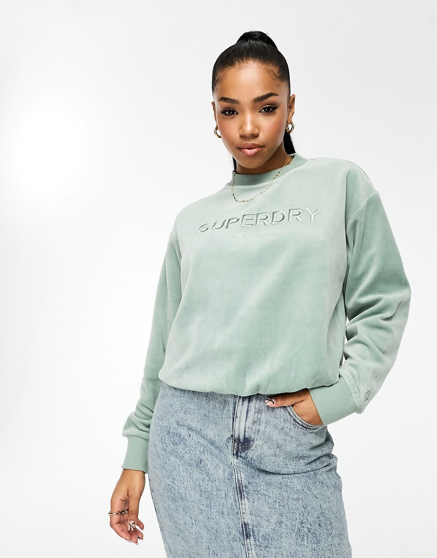 Superdry velour graphic boxy crew sweat in Light Jade Green