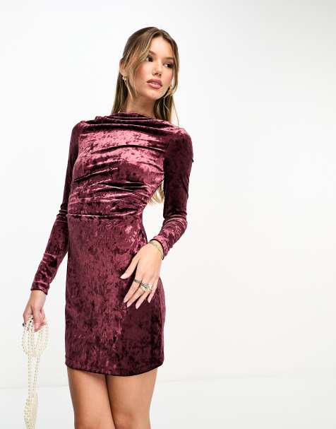 Superdry velvet long sleeve mini dress in maroon crush - view 1