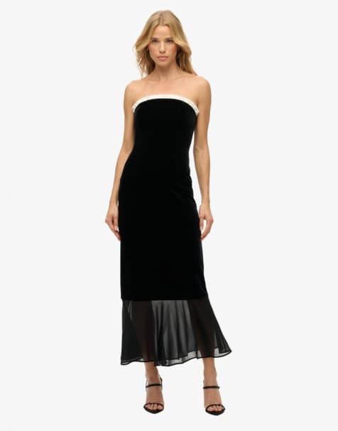 Superdry Velvet strapless maxi dress in black