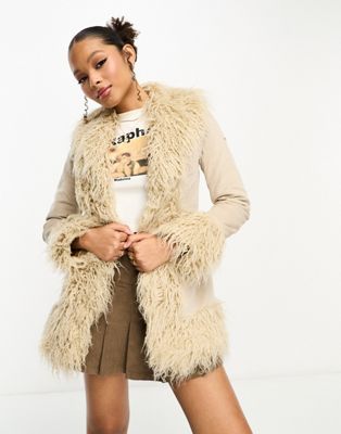 Womens - Faux Fur Lined Longline Afghan Coat in Stone Wash Taupe