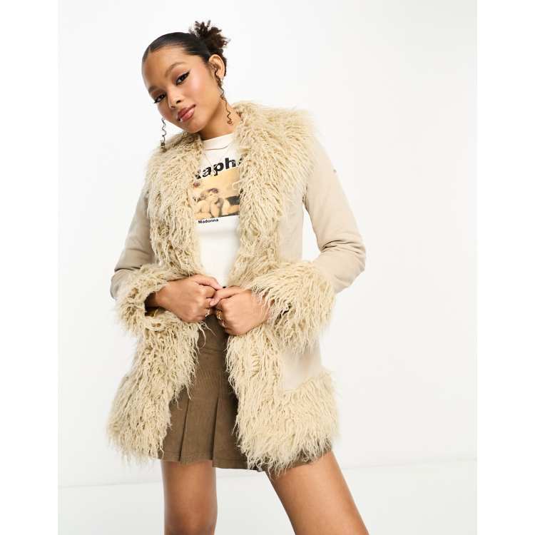 Superdry Faux Fur Lined Longline Afghan Coat - Women's Womens Jackets