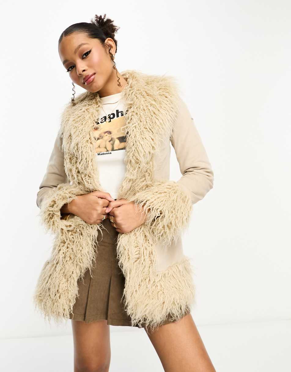 Superdry vintage afghan coat in stone wash and taupe brown