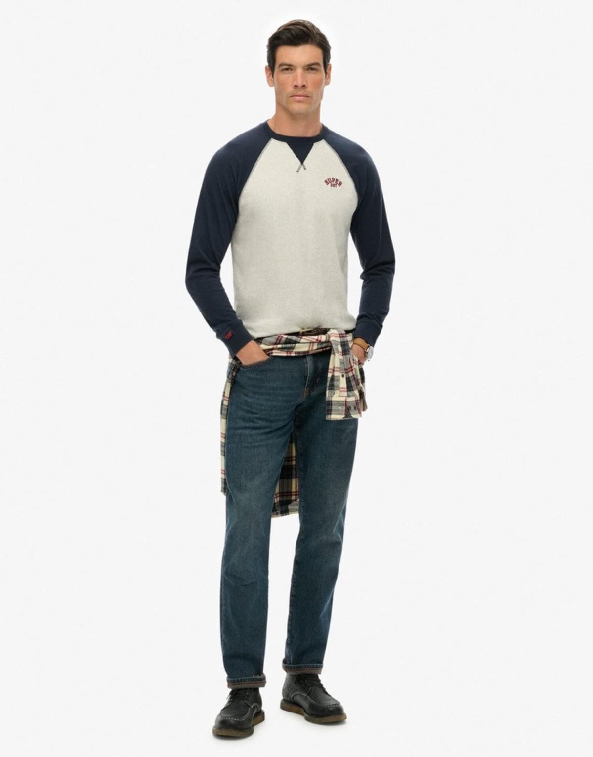 Superdry Vintage athletic baseball top in grey grindle/eclipse navy