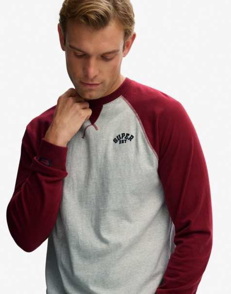 Superdry Vintage athletic baseball top in grey grindle/rich burgundy