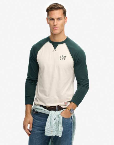 Superdry Vintage athletic baseball top in white sand/enamel green