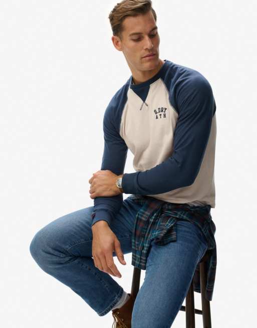 Superdry Vintage athletic baseball top in white sand/lauren navy