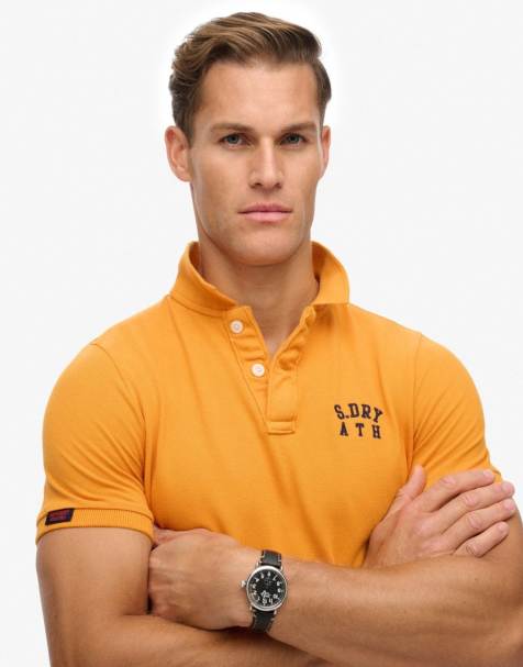 Superdry Vintage athletic embroidered polo shirt in track gold - view 1