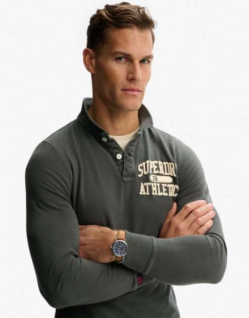 Superdry Vintage athletic long sleeve polo in dark shadow grey