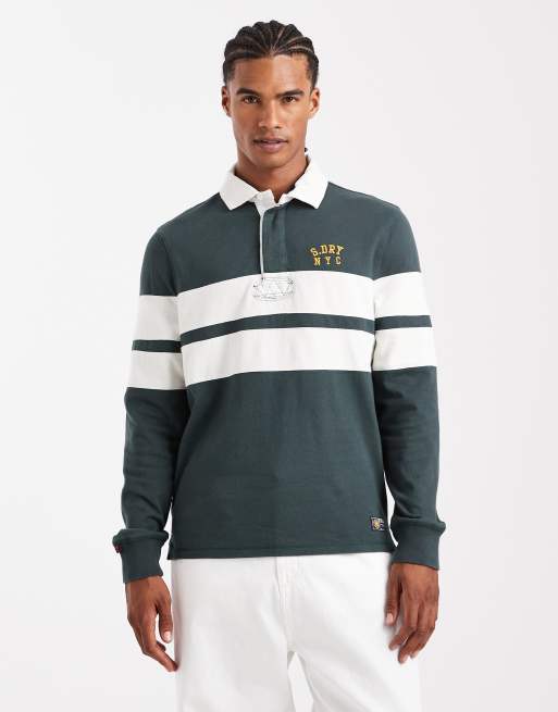Superdry Vintage athletic stripe rugby top in eagle green chest band