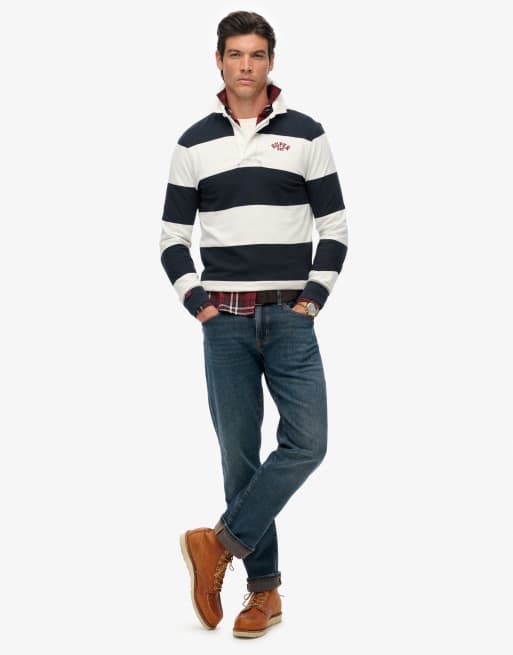 Superdry Vintage athletic stripe rugby top in eclipse navy/ecru, 4 of 7