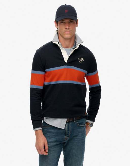 Superdry Vintage athletic stripe rugby top in navy chest band stripe