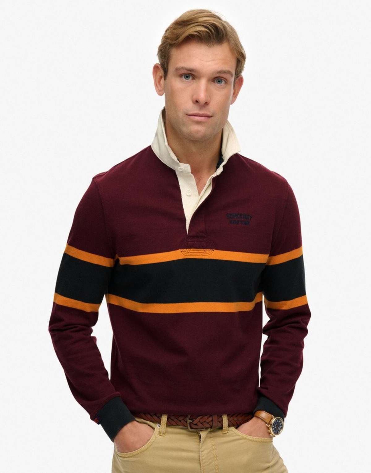Superdry Vintage athletic stripe rugby top in port chest band