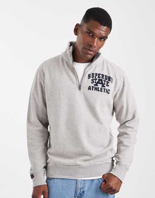 Superdry – Vintage Athletic – Vintage-Pullover aus Sweatstoff in meliertem Hellgrau mit kurzem Reißverschluss
