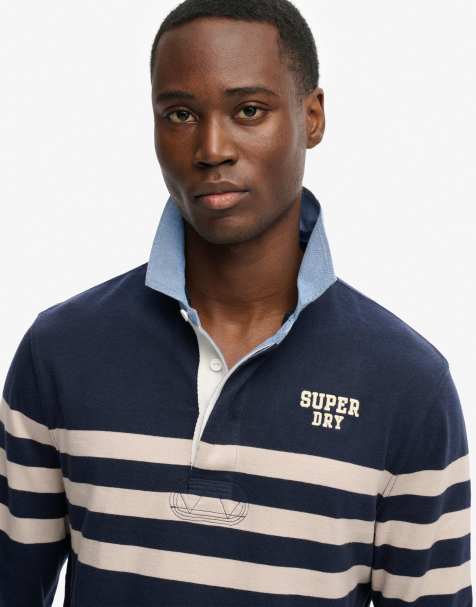 Superdry Vintage chestband rugby top in navy chest band stripe