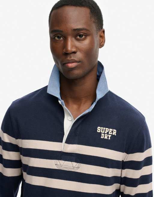 Superdry Vintage chestband rugby top in navy chest band stripe, 3 of 4