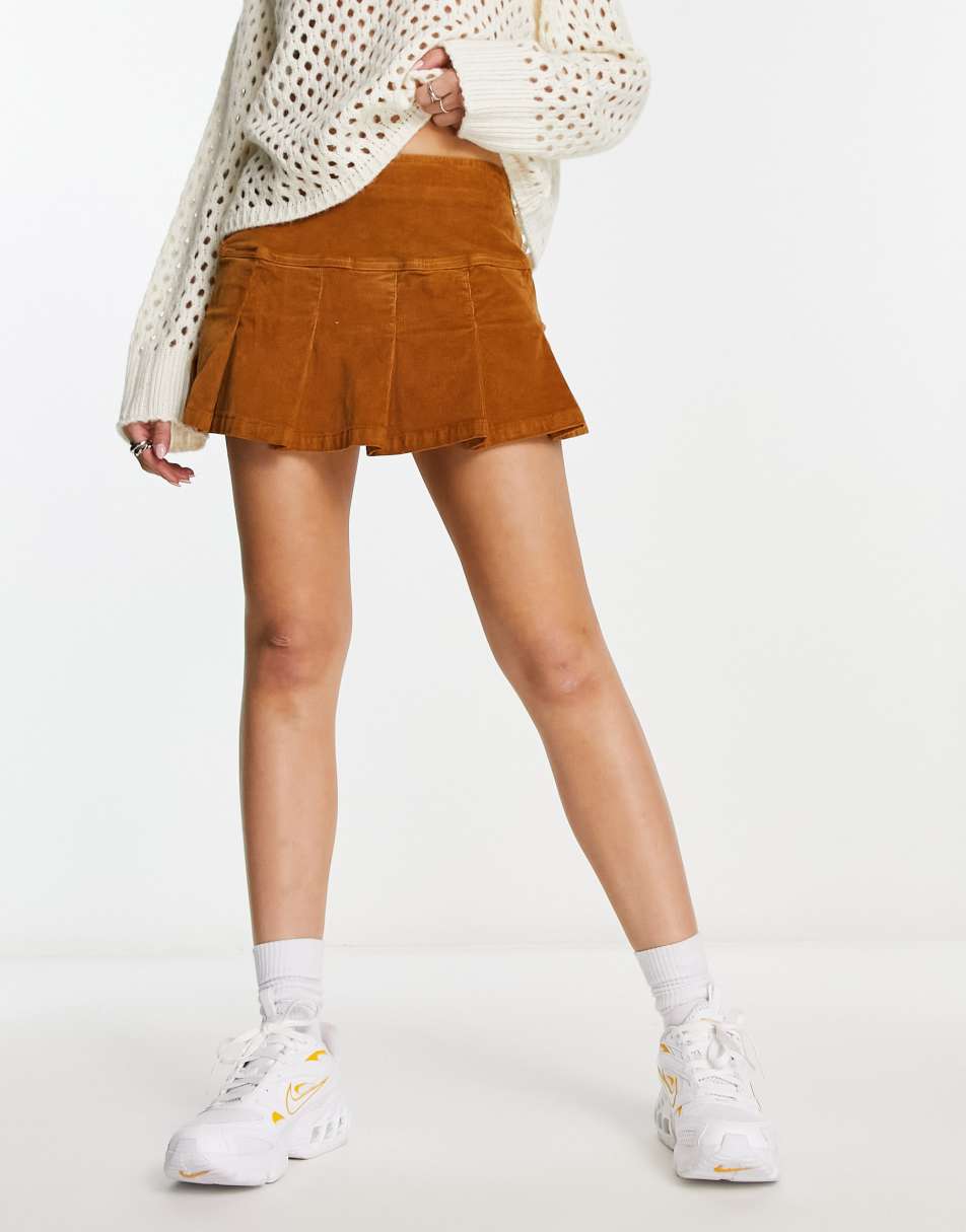 Superdry vintage cord pleat mini skirt in brown