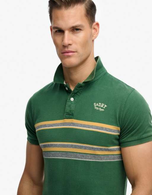 Superdry – Vintage – Jersey-Polohemd in Grün mit Streifen auf der Brust