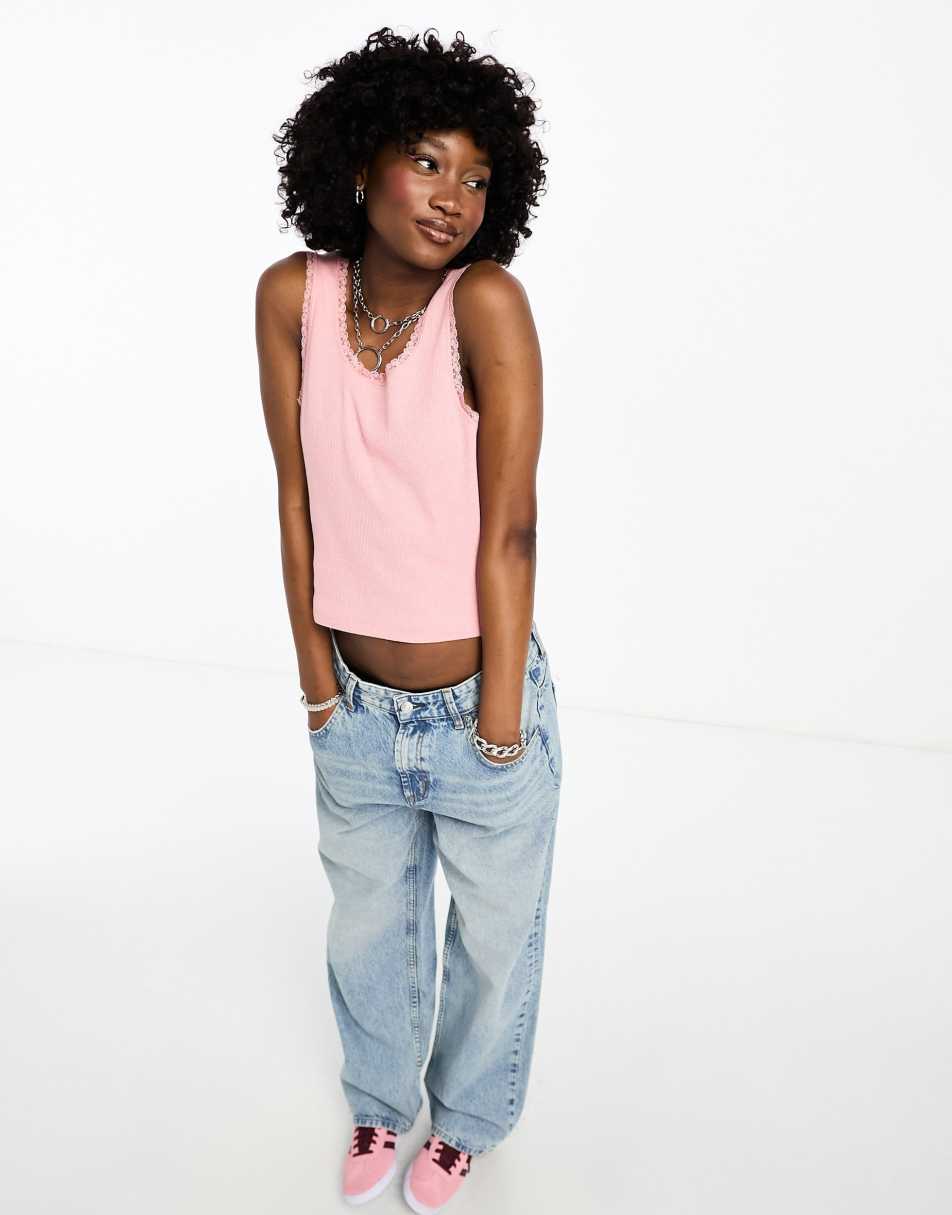 Superdry vintage lace trim vest top in pink 2