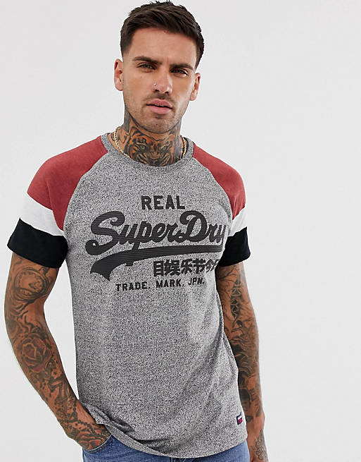 Superdry vintage logo raglan t-shirt in grey / burgundy | ASOS