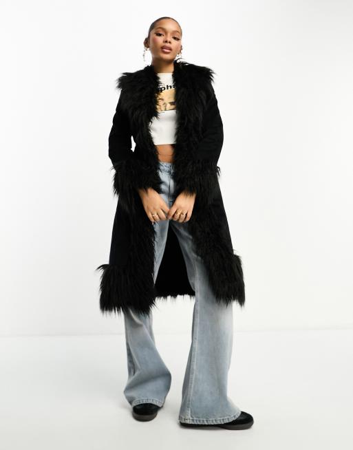 Women's Faux Fur Lined Longline Afghan Coat in Black