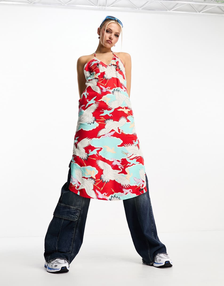 Superdry vintage midi halter slip dress in red