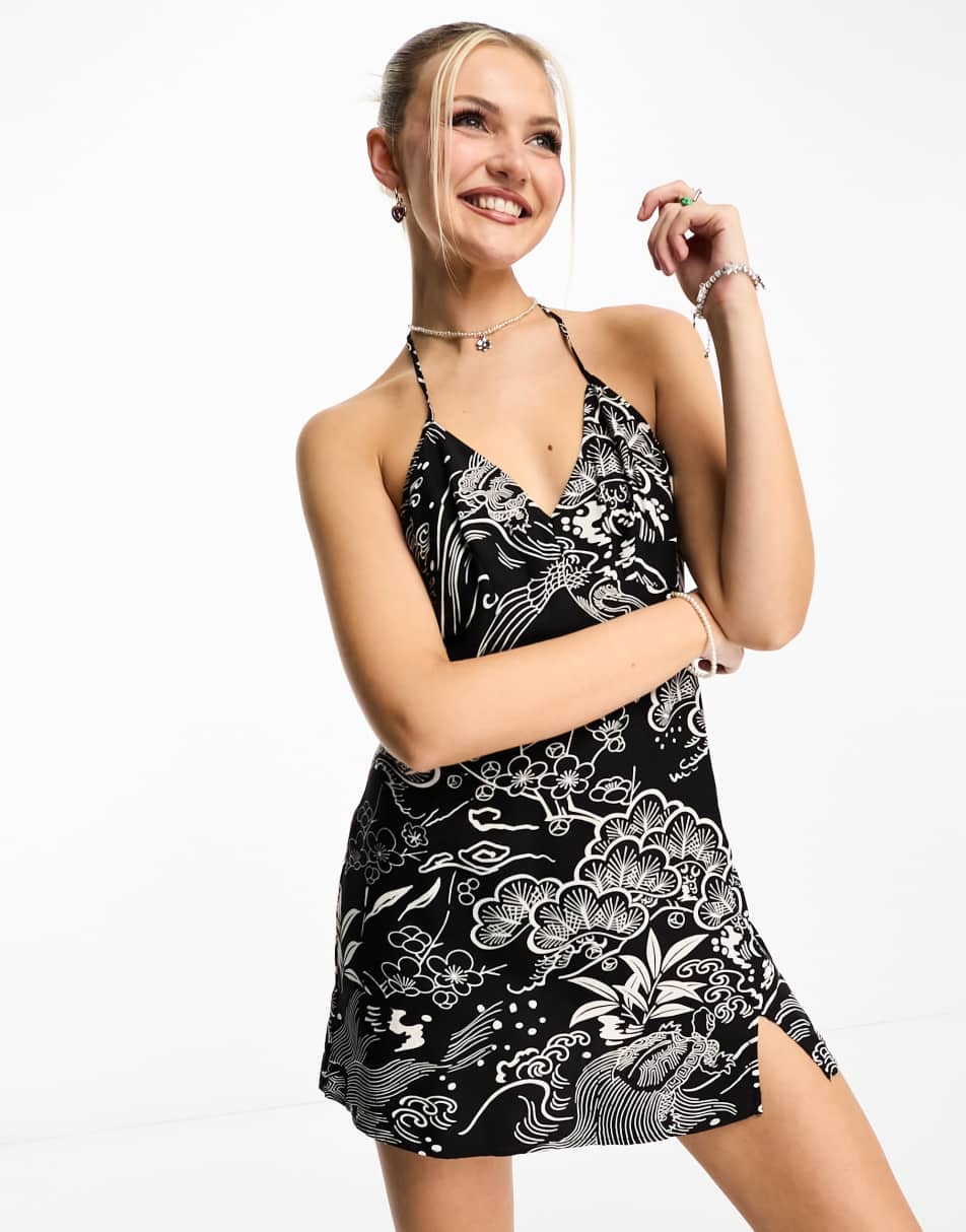 Superdry vintage mini slip halter dress in black
