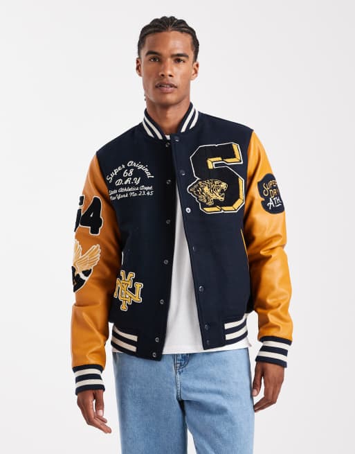 Superdry Vintage patched varsity jkt in eclipse navy/mustard
