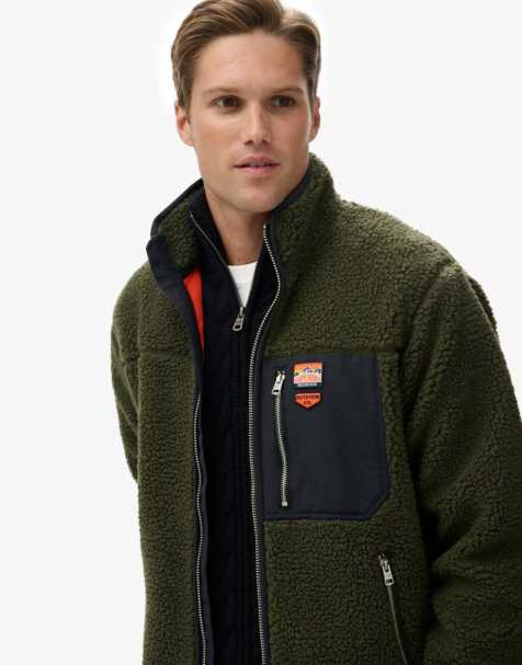 Superdry Vintage retro borg fleece jacket in army khaki green - view 1