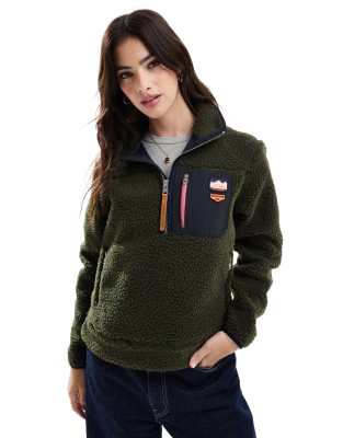 Superdry Vintage - Retro-Fleecepullover in Army-Khakigrün mit kurzem Reißverschluss