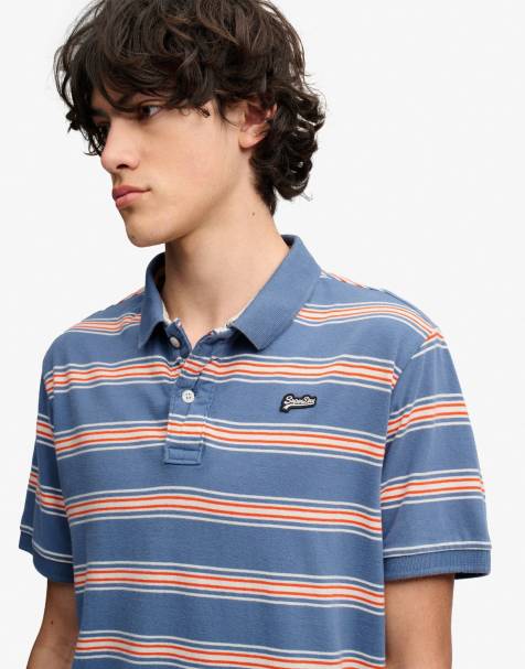 Superdry Vintage stripe jersey polo shirt in retro blue stripe - view 1