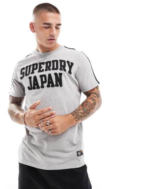 Superdry – Vintage – T-Shirt in meliertem Vintage-Sweat-Hellgrau mit sportlichem Streifendetail