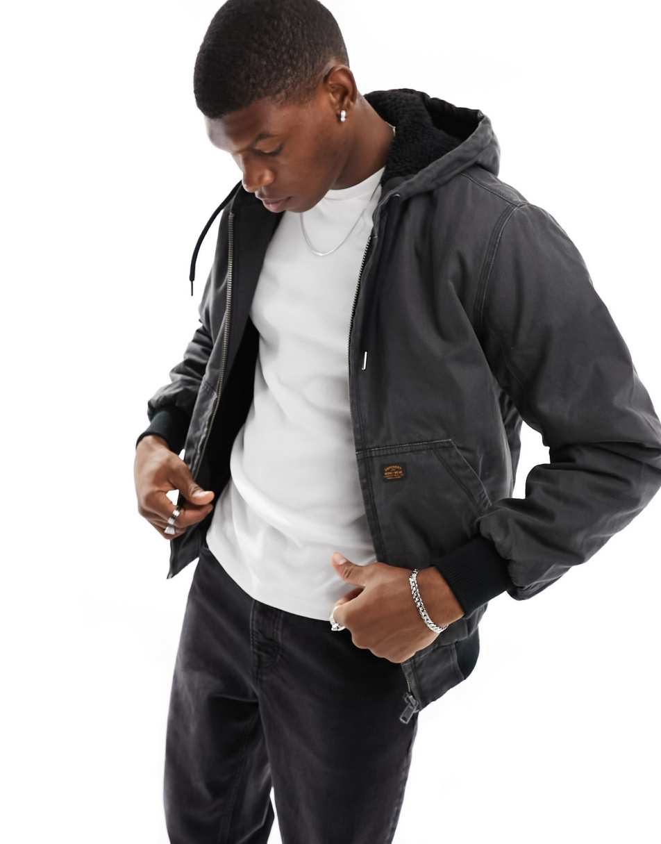 Superdry vintage workwear hooded bomber in Bison Black