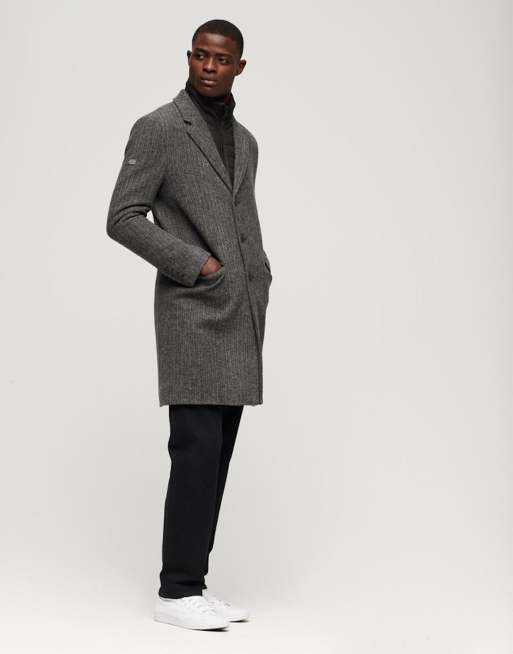 Superdry – Wollmantel in Grau mit 2-in-1-Design und Fischgrätmuster