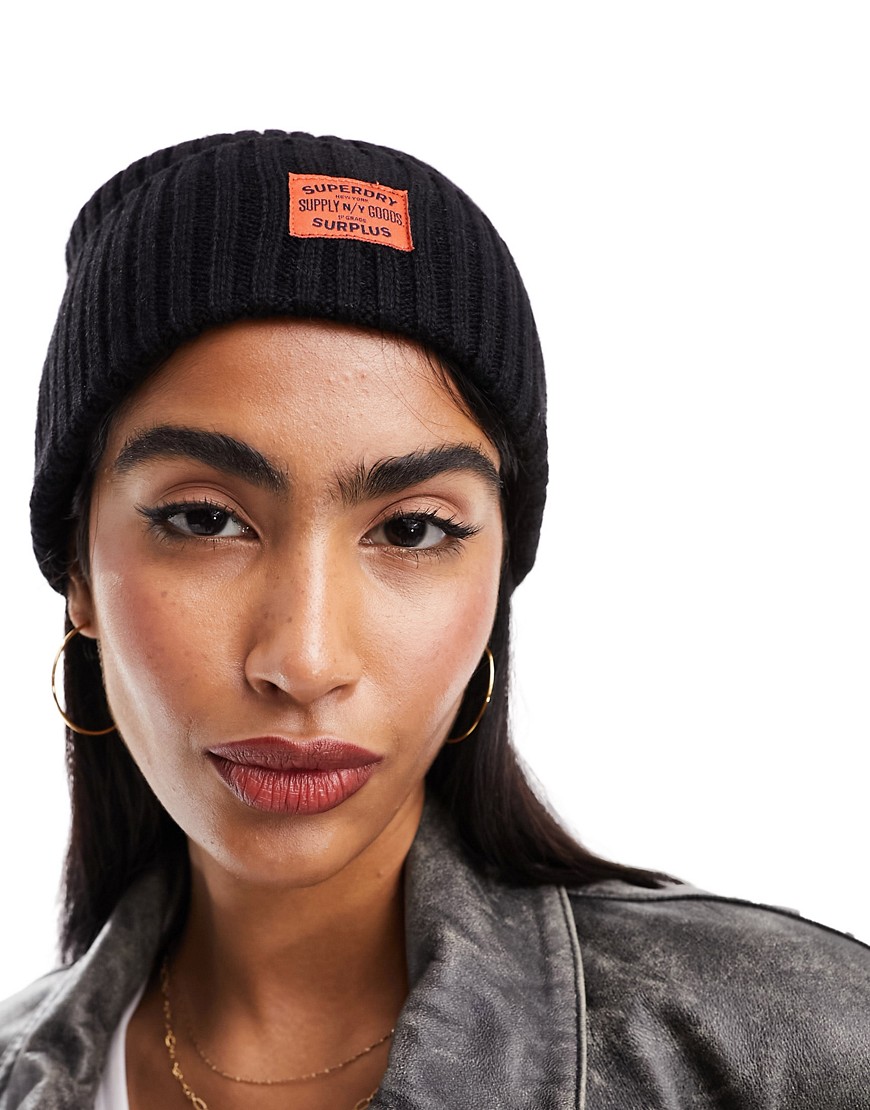 superdry workwear knitted beanie hat in black
